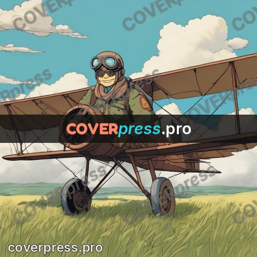 Ghibli style drawing of a person: pilot by a biplane