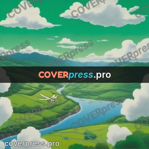 Ghibli style drawing of a person: plane above a green valley