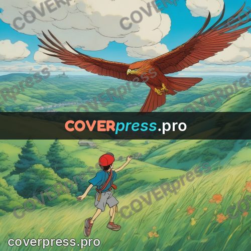 Ghibli style drawing of a person: large bird above a hill
