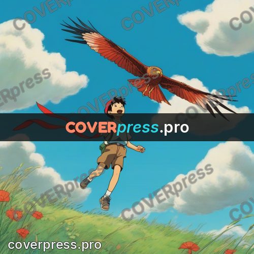 Ghibli style drawing of a person: large bird above a hill