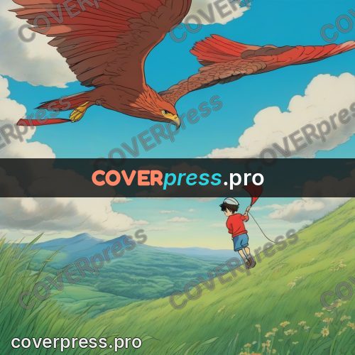 Ghibli style drawing of a person: large bird above a hill
