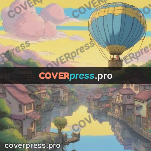 Ghibli style drawing of a person: hot air balloon above a town