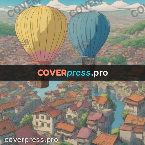 Ghibli style drawing of a person: hot air balloon above a town