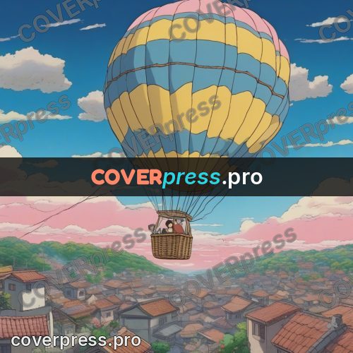 Ghibli style drawing of a person: hot air balloon above a town