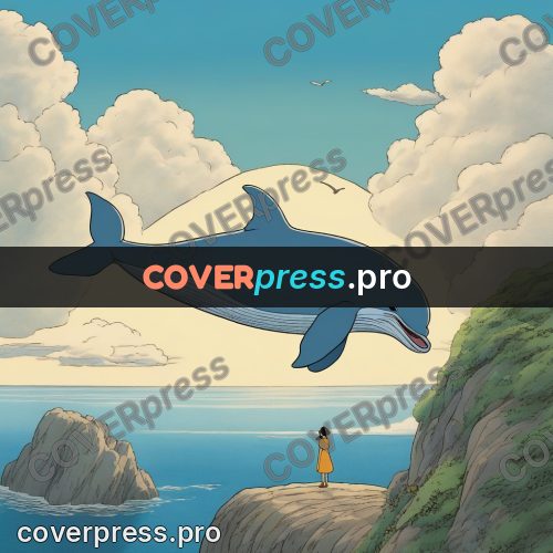 Ghibli style drawing of a person: whale above a cliff