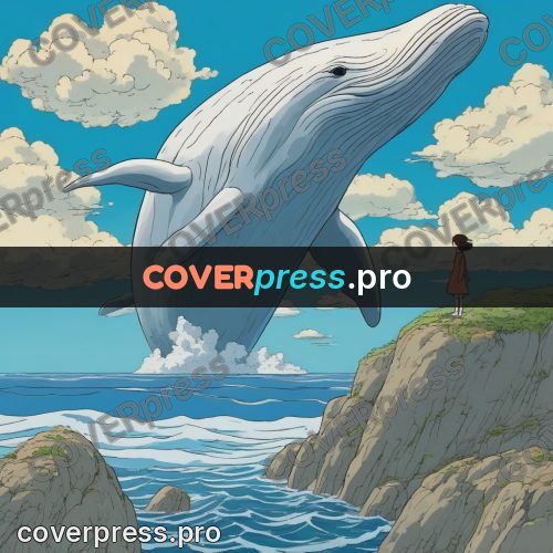 Ghibli style drawing of a person: whale above a cliff