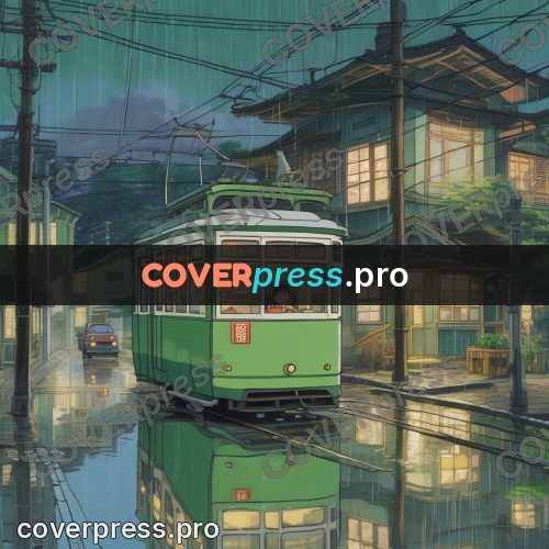 Ghibli style drawing of a person: green tram on a wet street
