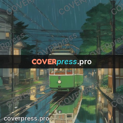 Ghibli style drawing of a person: green tram on a wet street