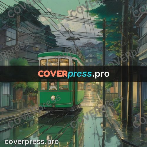 Ghibli style drawing of a person: green tram on a wet street