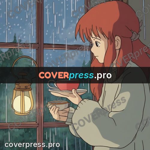 Ghibli style drawing of a person: red-haired girl with a cup