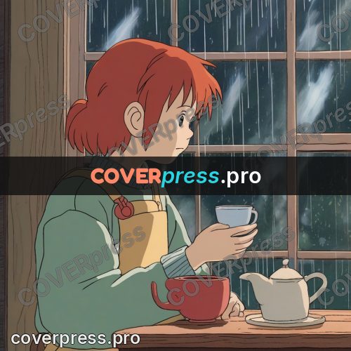 Ghibli style drawing of a person: red-haired girl with a cup