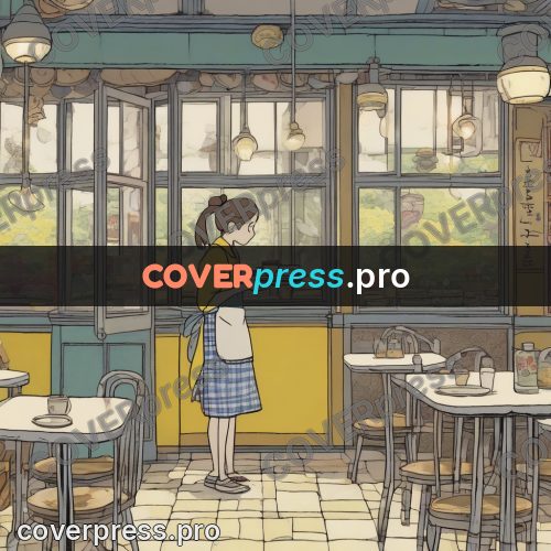 Ghibli style drawing of a person: waitress with a tray