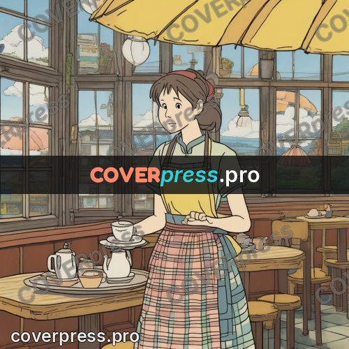 Ghibli style drawing of a person: waitress with a tray
