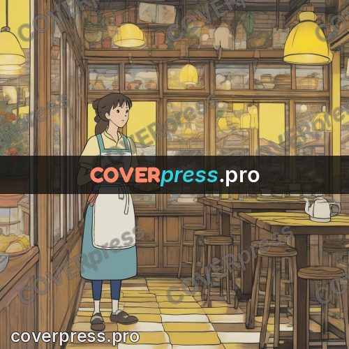 Ghibli style drawing of a person: waitress with a tray