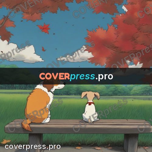 Ghibli style drawing of a person: dog by a bench in autumn