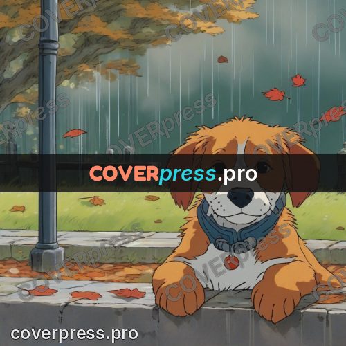 Ghibli style drawing of a person: dog by a bench in autumn