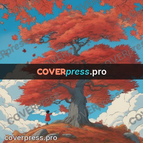 Ghibli style drawing of a person: red maple on a hill