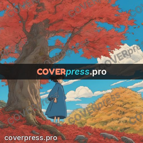 Ghibli style drawing of a person: red maple on a hill