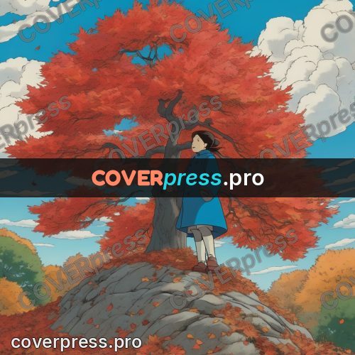 Ghibli style drawing of a person: red maple on a hill
