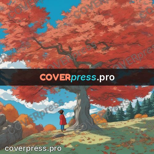 Ghibli style drawing of a person: red maple on a hill