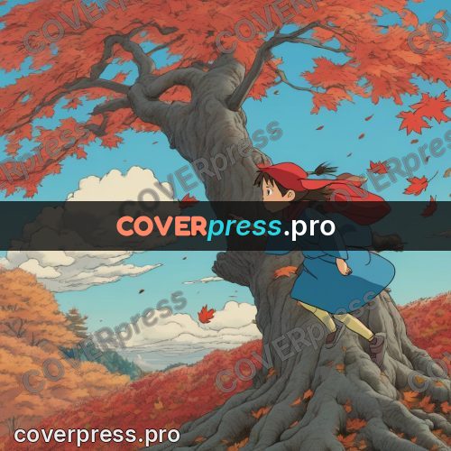 Ghibli style drawing of a person: red maple on a hill