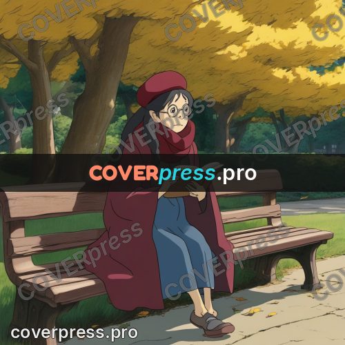 Ghibli style drawing of a person: woman on a park bench