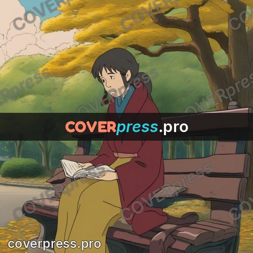 Ghibli style drawing of a person: woman on a park bench
