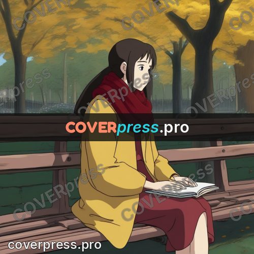 Ghibli style drawing of a person: woman on a park bench