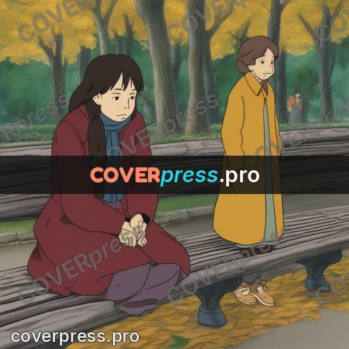 Ghibli style drawing of a person: woman on a park bench