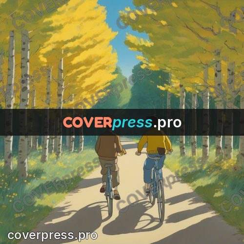 Ghibli style drawing of a person: avenue of yellow trees