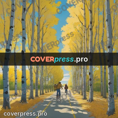Ghibli style drawing of a person: avenue of yellow trees