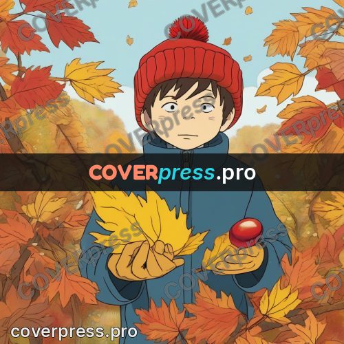 Ghibli style drawing of a person: child in a hat among leaves