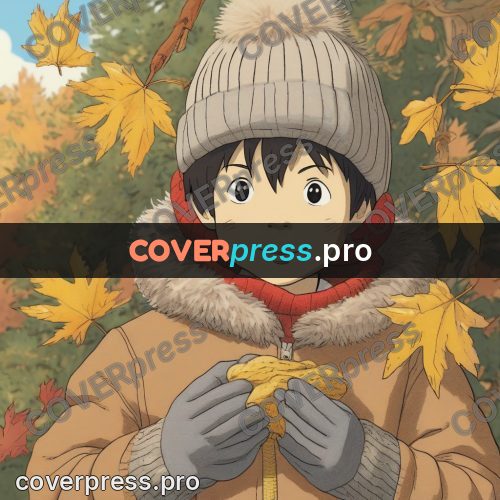 Ghibli style drawing of a person: child in a hat among leaves