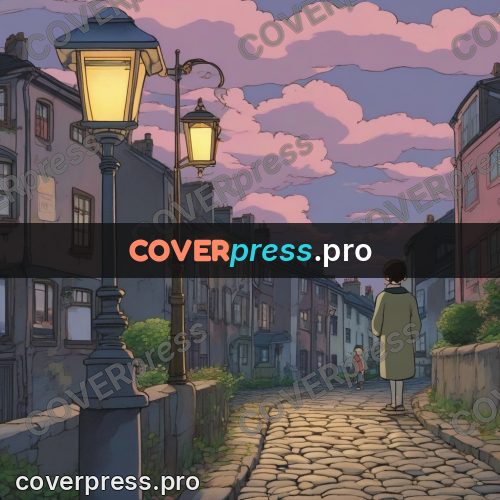 Ghibli style drawing of a person: lamp by a canal at dusk