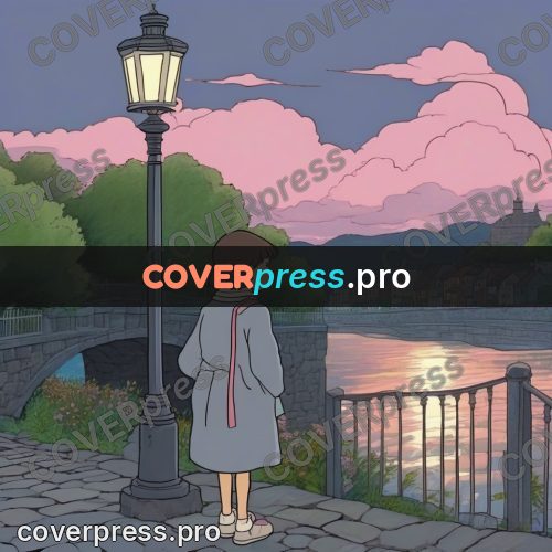 Ghibli style drawing of a person: lamp by a canal at dusk