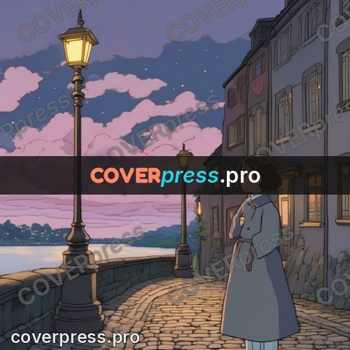 Ghibli style drawing of a person: lamp by a canal at dusk