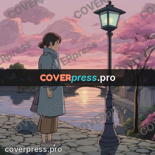 Ghibli style drawing of a person: lamp by a canal at dusk