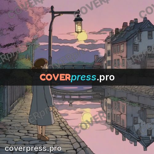 Ghibli style drawing of a person: lamp by a canal at dusk
