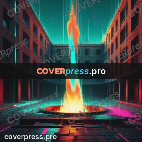Glitch poster: brazier with flame in a courtyard