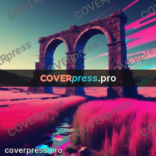 Glitch poster: stone arch in a pink field