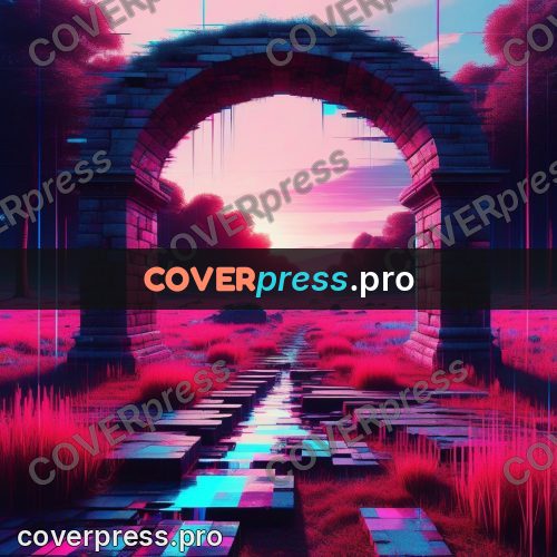 Glitch poster: stone arch in a pink field