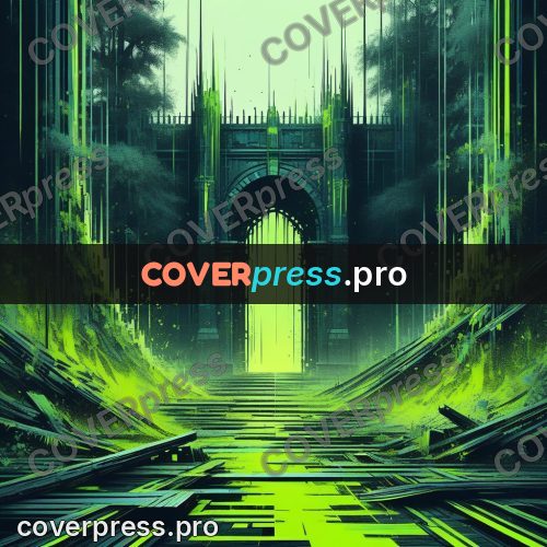 Glitch poster: overgrown gate in green light