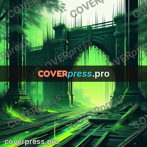 Glitch poster: overgrown gate in green light