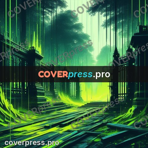 Glitch poster: overgrown gate in green light