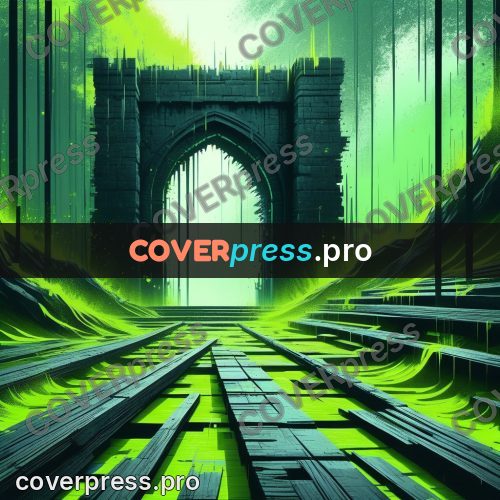 Glitch poster: overgrown gate in green light