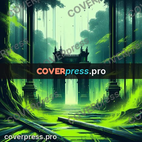 Glitch poster: overgrown gate in green light