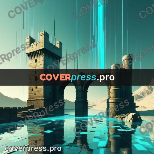 Glitch poster: stone bridge by a castle