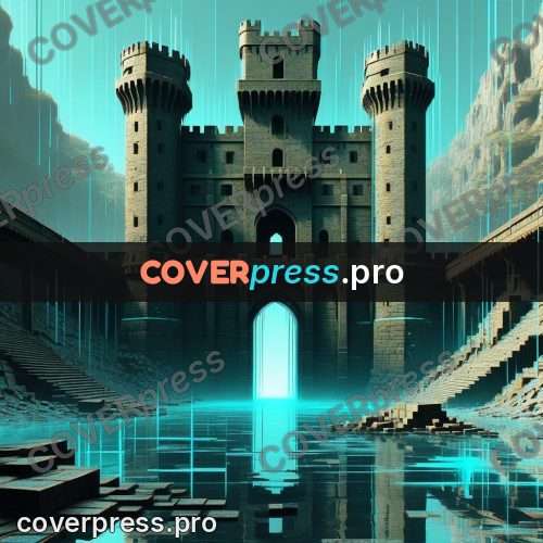 Glitch poster: stone bridge by a castle