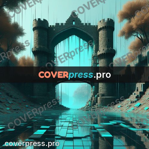 Glitch poster: stone bridge by a castle