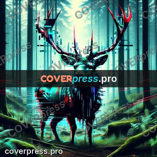 Glitch poster: stag with antlers in a forest